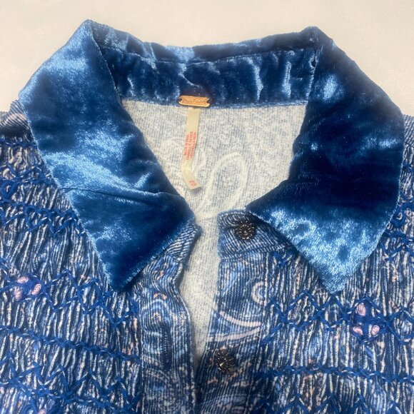 Free People Velvet Smocked Boho Top XS Oversized Paisley - Picture 1 of 8